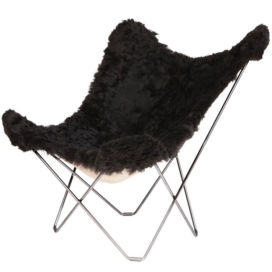 Mobler Cuero Fatoljer | Iceland Mariposa Butterfly Chair, Shorn Black/Chrome