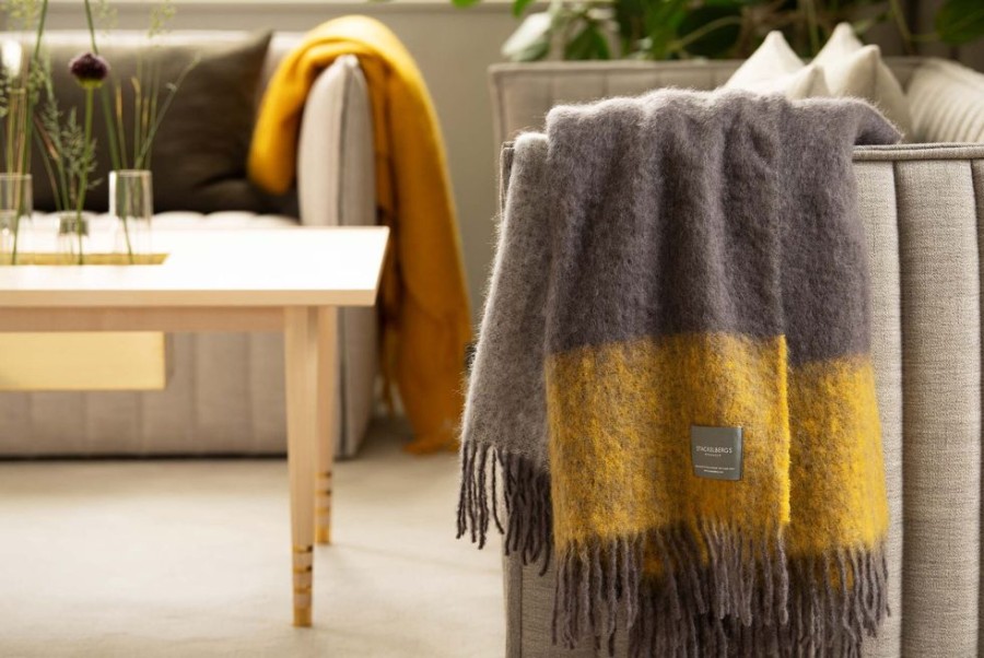 Textil Stackelbergs Pladar & Filtar | Mohair Striped Plad Mustard/Charcoal, 130X170 Cm