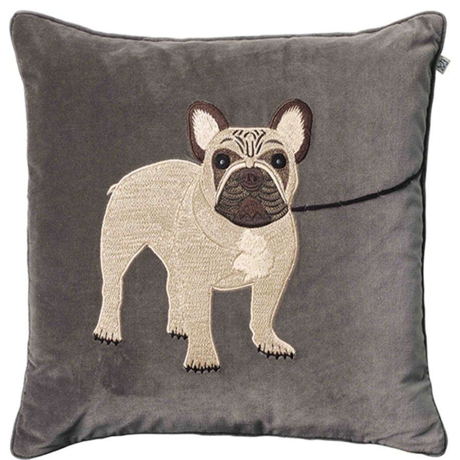 Textil Chhatwal & Jonsson Prydnadskuddar & Kuddfodral | Embroidered French Bull Dog Kuddfodral 50X50 Cm, Grey