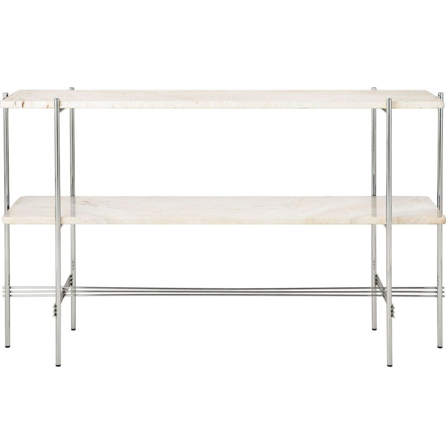 Mobler GUBI Sidobord & Smabord | Ts Console Sidobord 120X30X72 Cm, Polerat Stal / Neutralt Vit Travertin